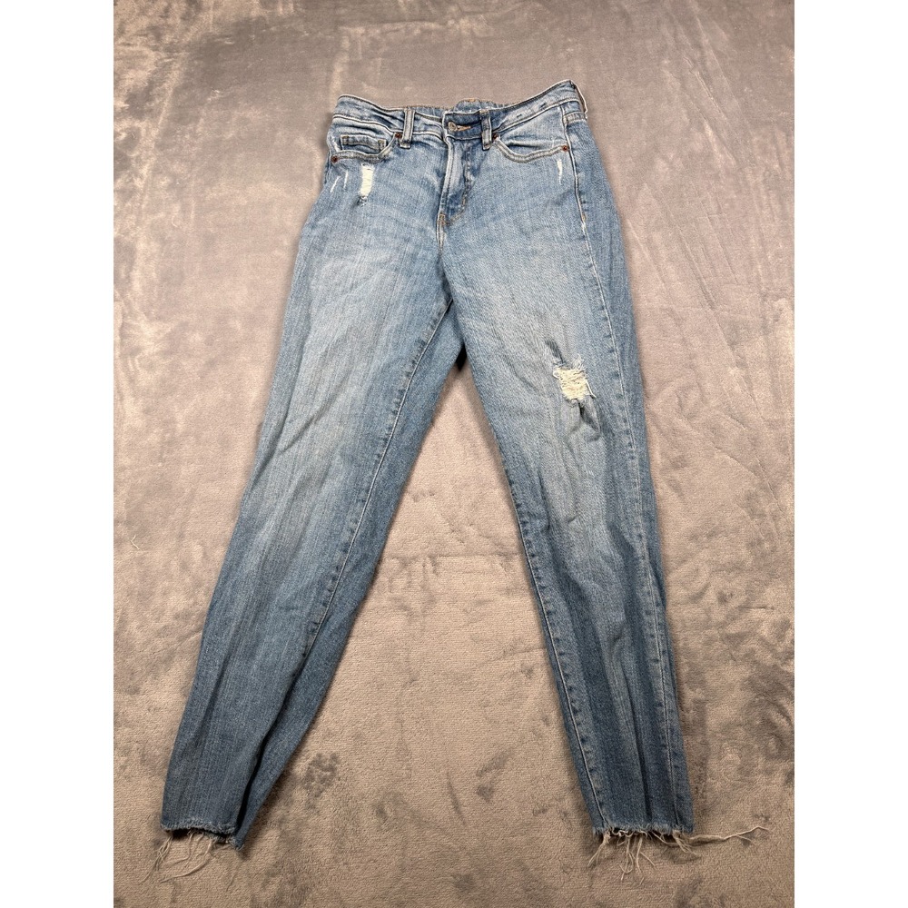 Old Navy High-Rise O.G. Straight Leg Jeans Women 2 Blue Denim Distressed Raw Hem